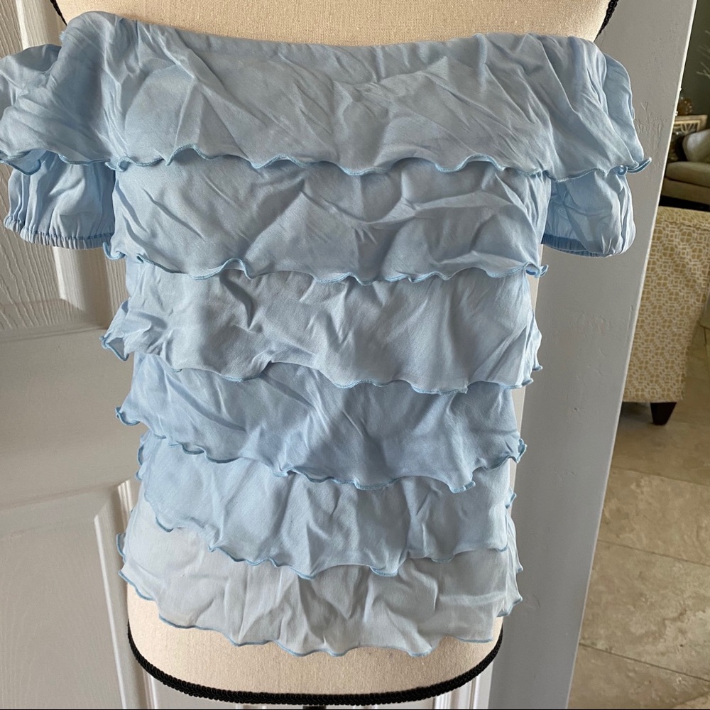 Trina Turk Off Shoulder Lt. Blue Layered Ruffle S